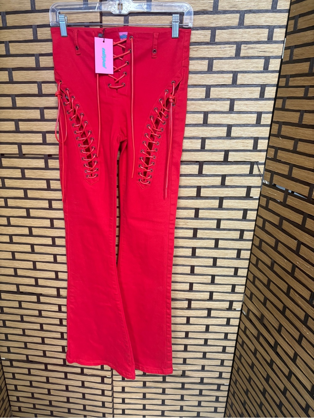Edikted red lace up flare leg jeans size XS